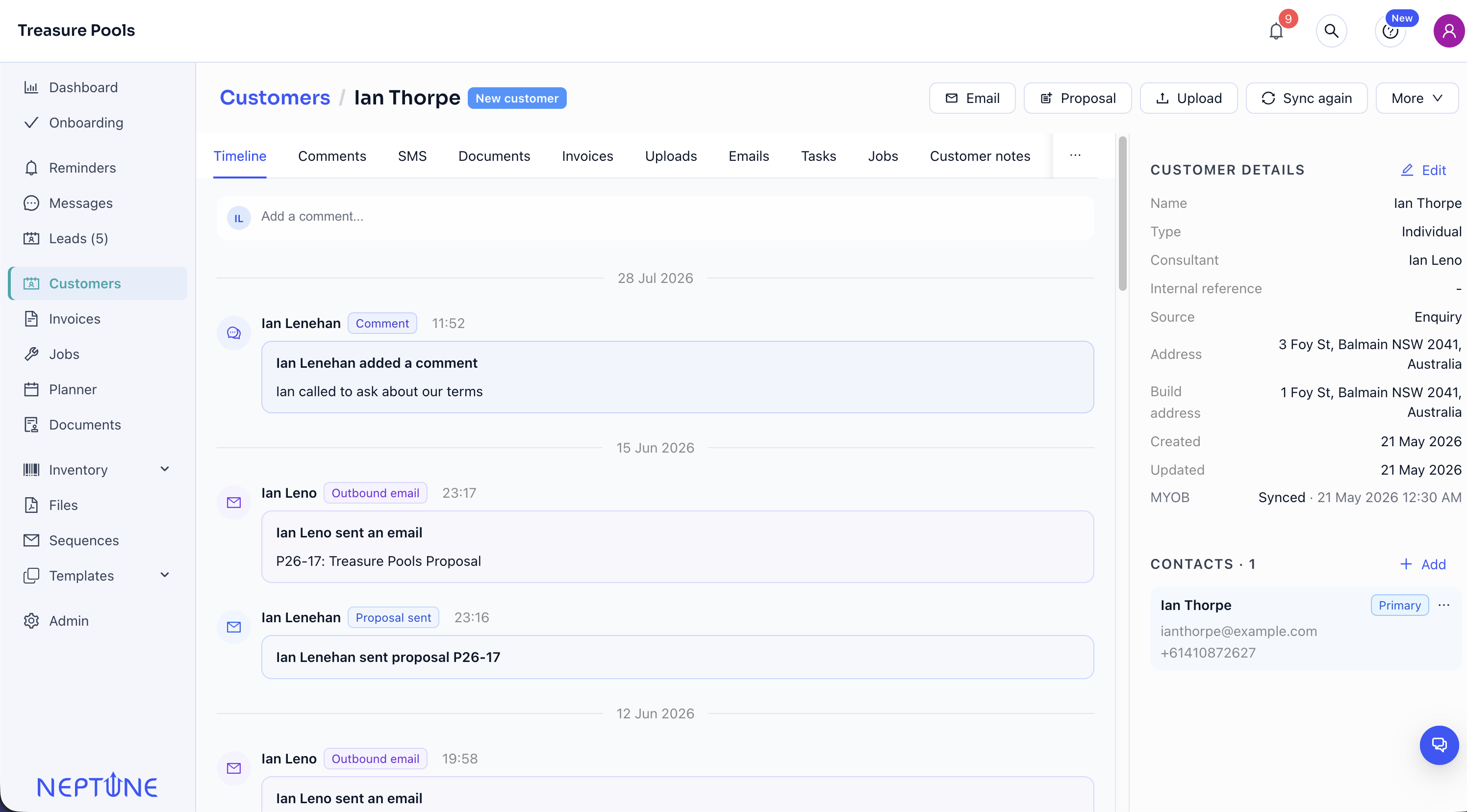 Neptune customer timeline showing messages, proposals and customer details