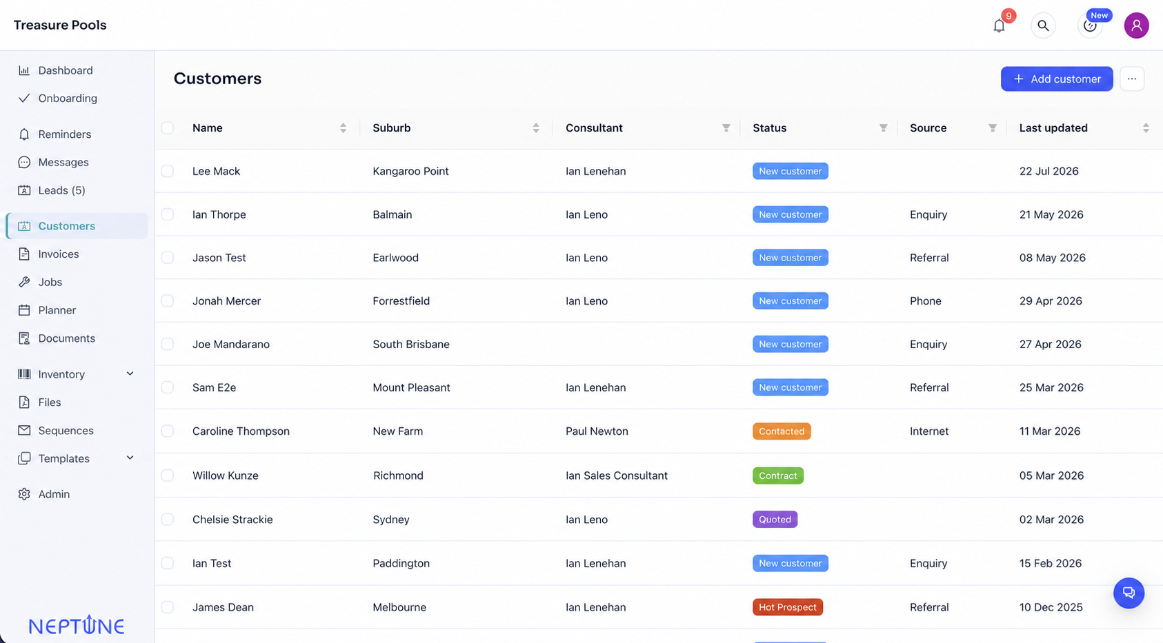 Neptune customer list showing leads, project status and assigned consultants