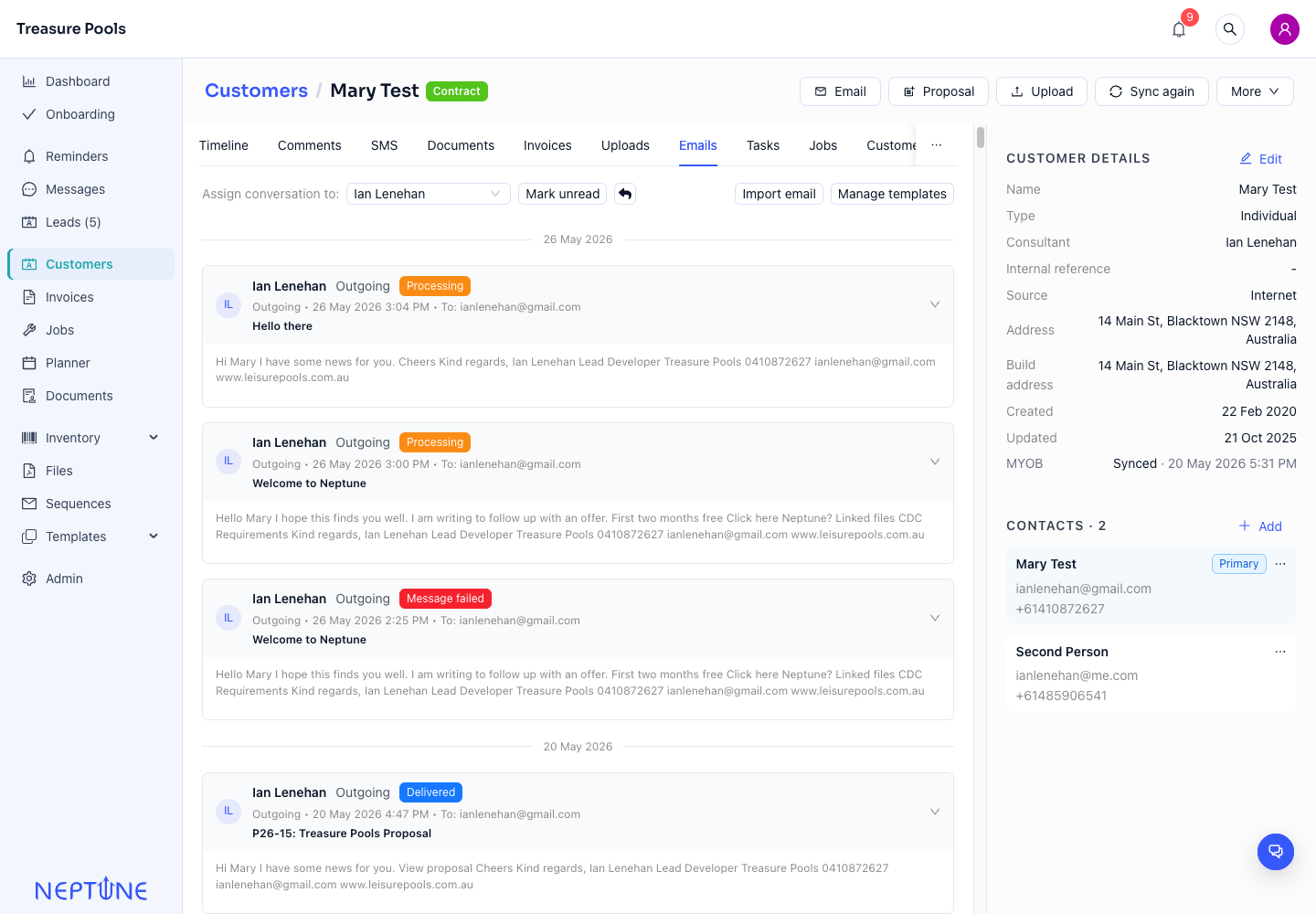 customer emails tab screenshot