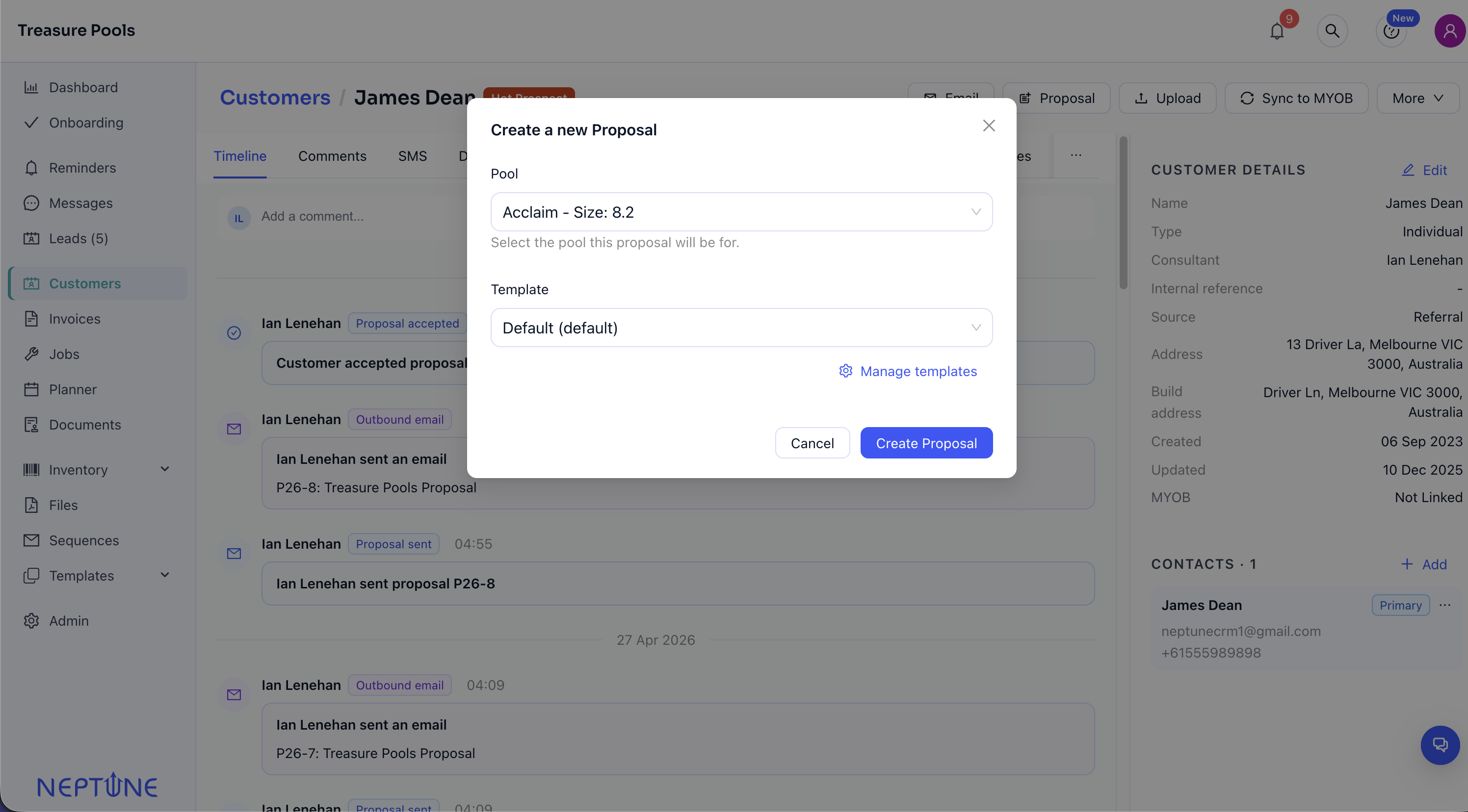 Neptune create proposal screen showing pool and template selection
